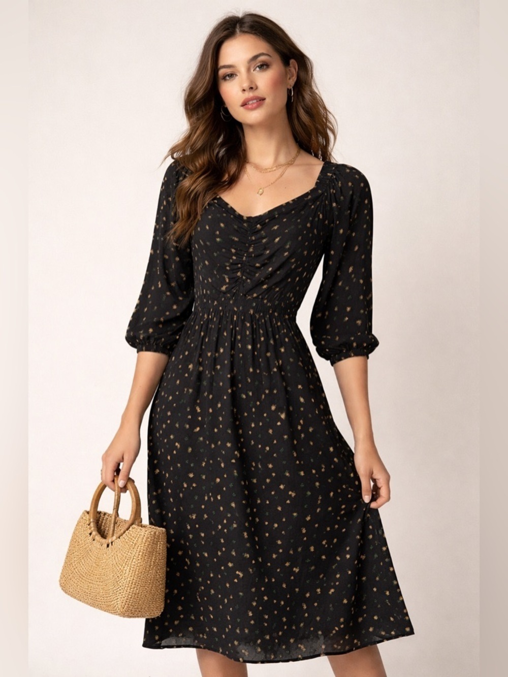 Antropologie Emmy Yellow Floral Print Black Cottagecore Dress Size 00P